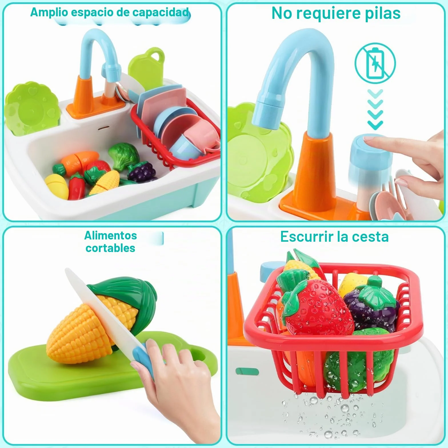 deAO Juego de Fregadero de Cocina 28 Piezas con Simulación de Lavar, Juguetes para Cortar, Utensilios, Grifo y Desagüe