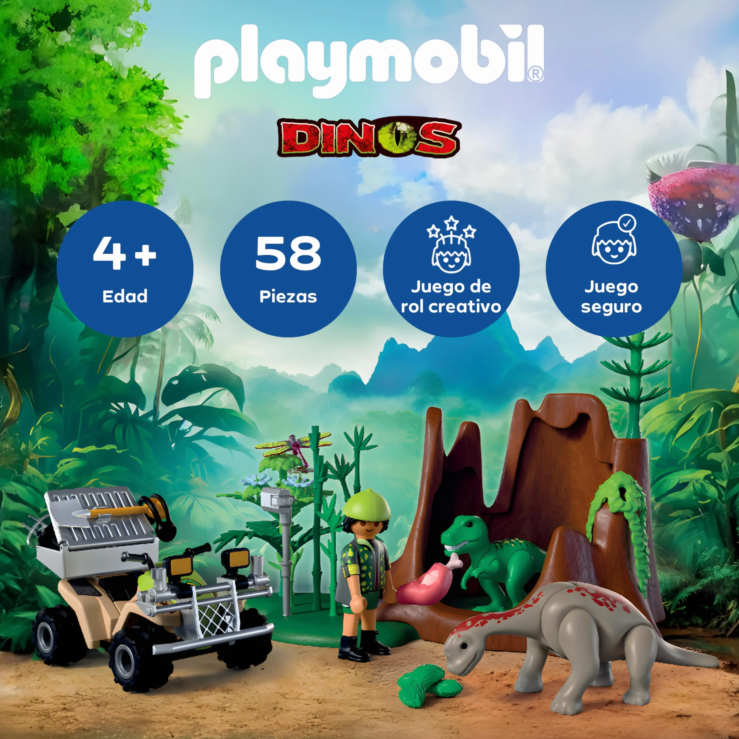 PLAYMOBIL Dinos Escondite de Dinosaurios con Quad, cría de T-Rex y Braquiosaurio | Juguete niños 4+ años | 72069