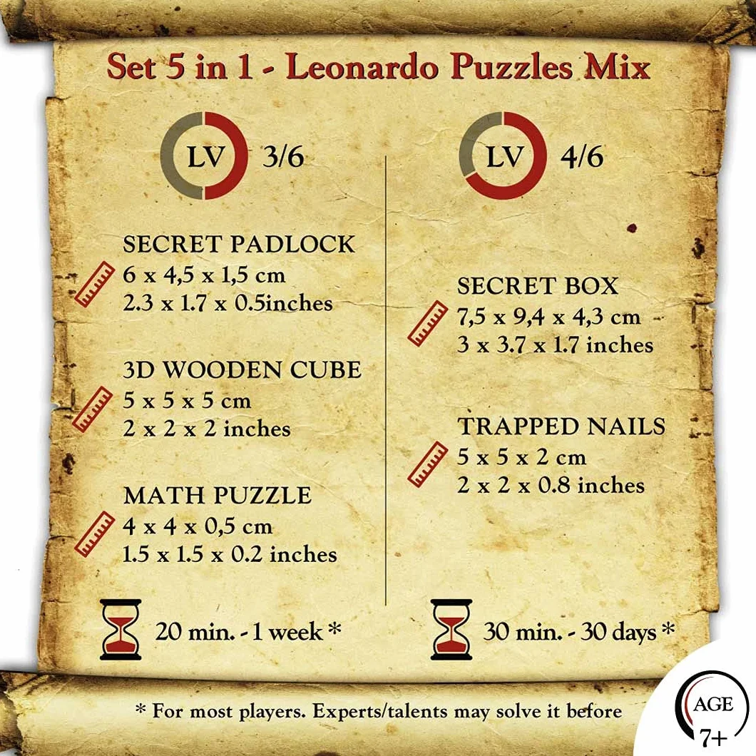 Logica Juegos Art. Set 5 en 1 Rompecabezas de Madera y Metal - Coleccion Leonardo da Vinci