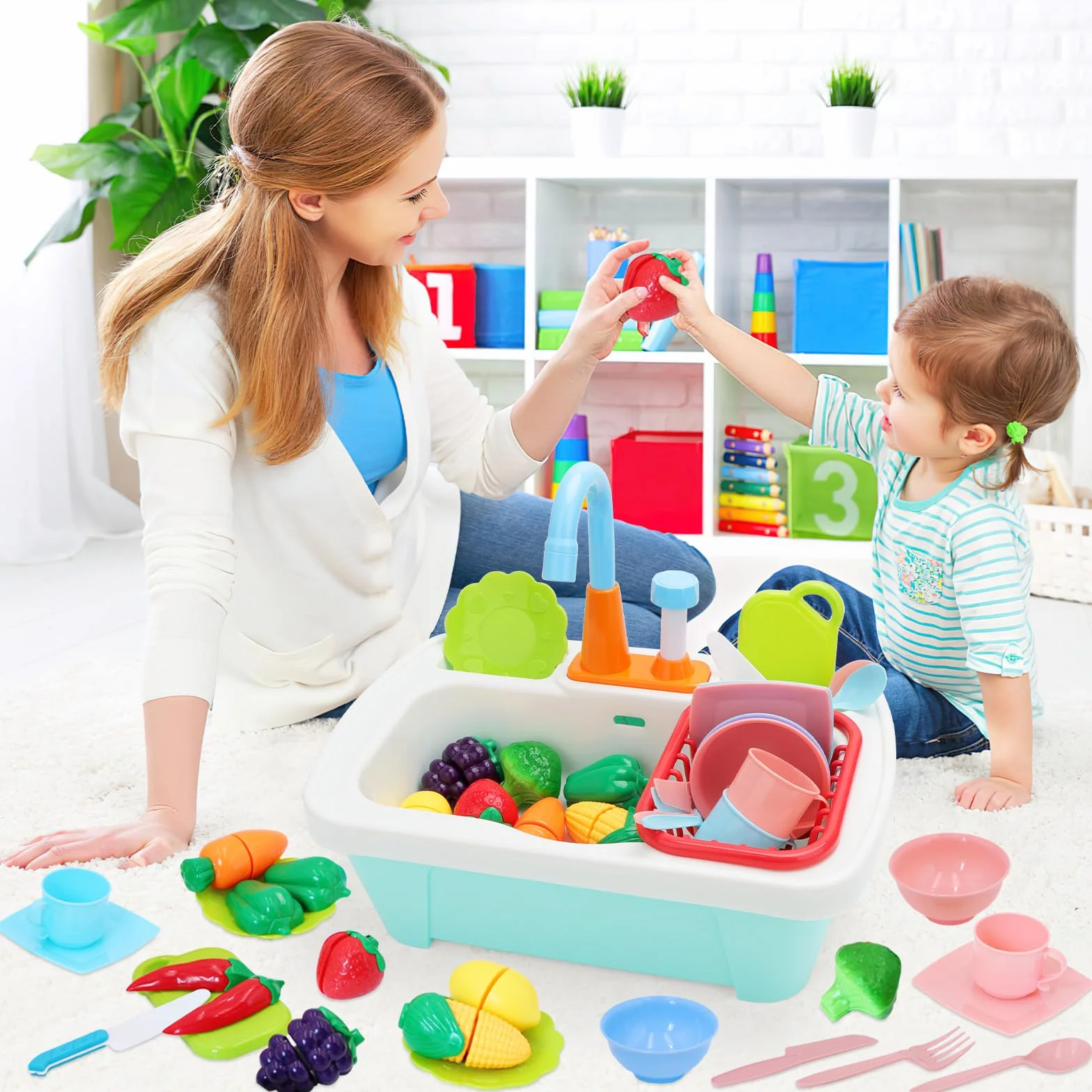 deAO Juego de Fregadero de Cocina 28 Piezas con Simulación de Lavar, Juguetes para Cortar, Utensilios, Grifo y Desagüe