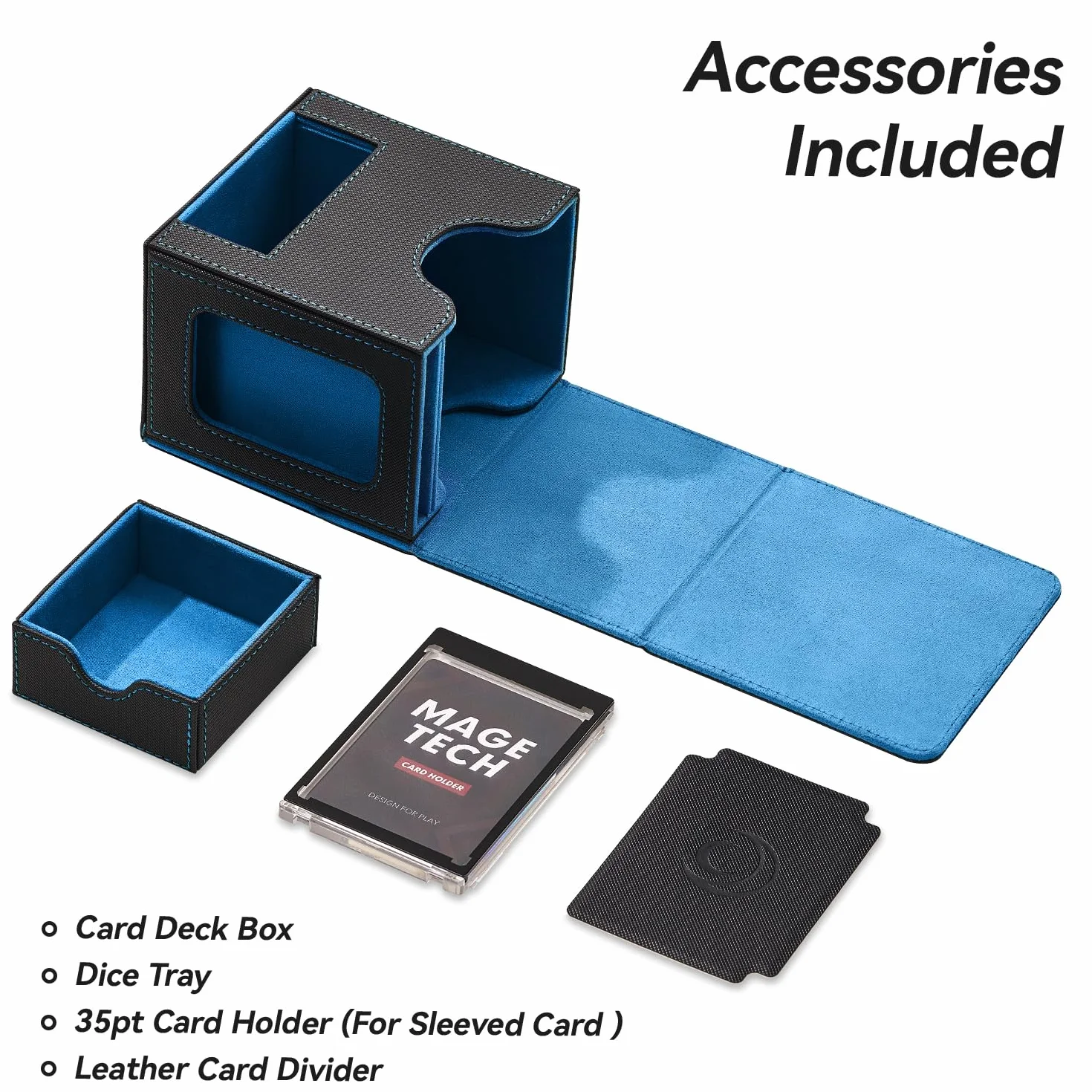 Mage Tech Card Commander Deck Box para MTG - Diseño patentado, expositor de Commander, 100 cartas doble manga, tarjetero magnético 35pt, bandeja dados - negro/azul