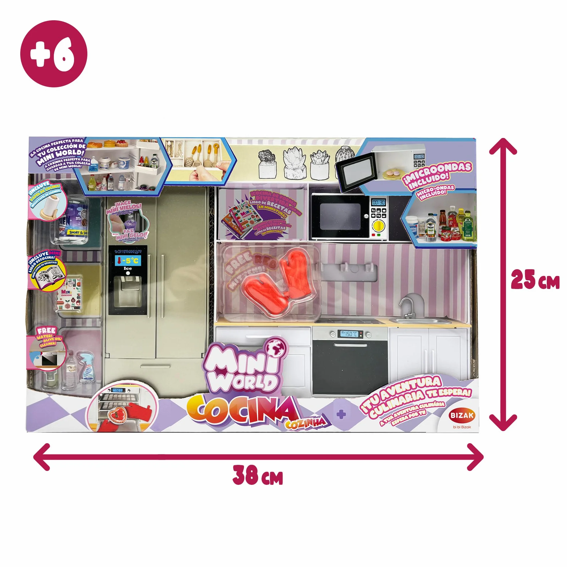 Bizak Mini World Playset Cocina, Set de Cocina con Horno, Microondas, Frigorífico, Dispensador de Hielo y Accesorios, Niños y Niñas +6 Años