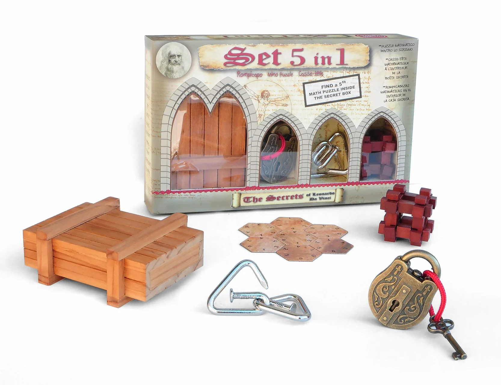 Logica Juegos Art. Set 5 en 1 Rompecabezas de Madera y Metal - Coleccion Leonardo da Vinci