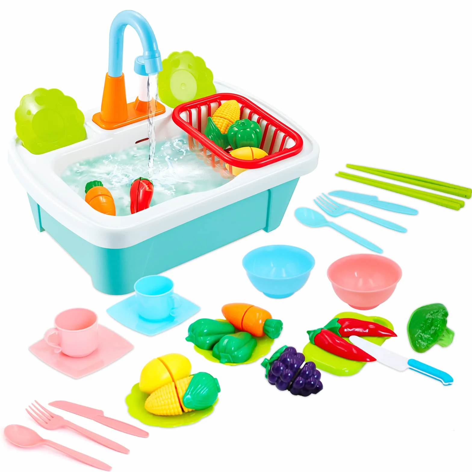deAO Juego de Fregadero de Cocina 28 Piezas con Simulación de Lavar, Juguetes para Cortar, Utensilios, Grifo y Desagüe