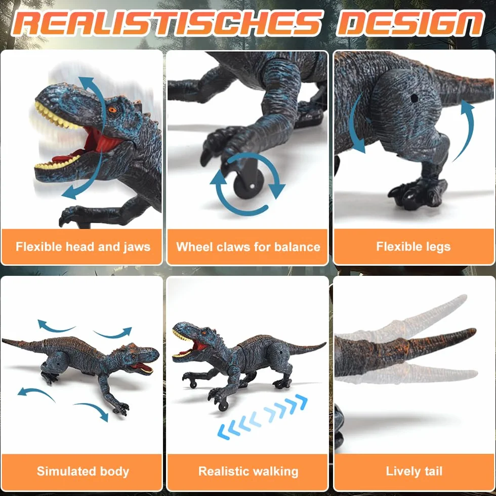 Dinosaurio Teledirigido 2.4 GHz Recargable con Rociar Rugido y Luz Juguete para Niños 3+ Años Azul