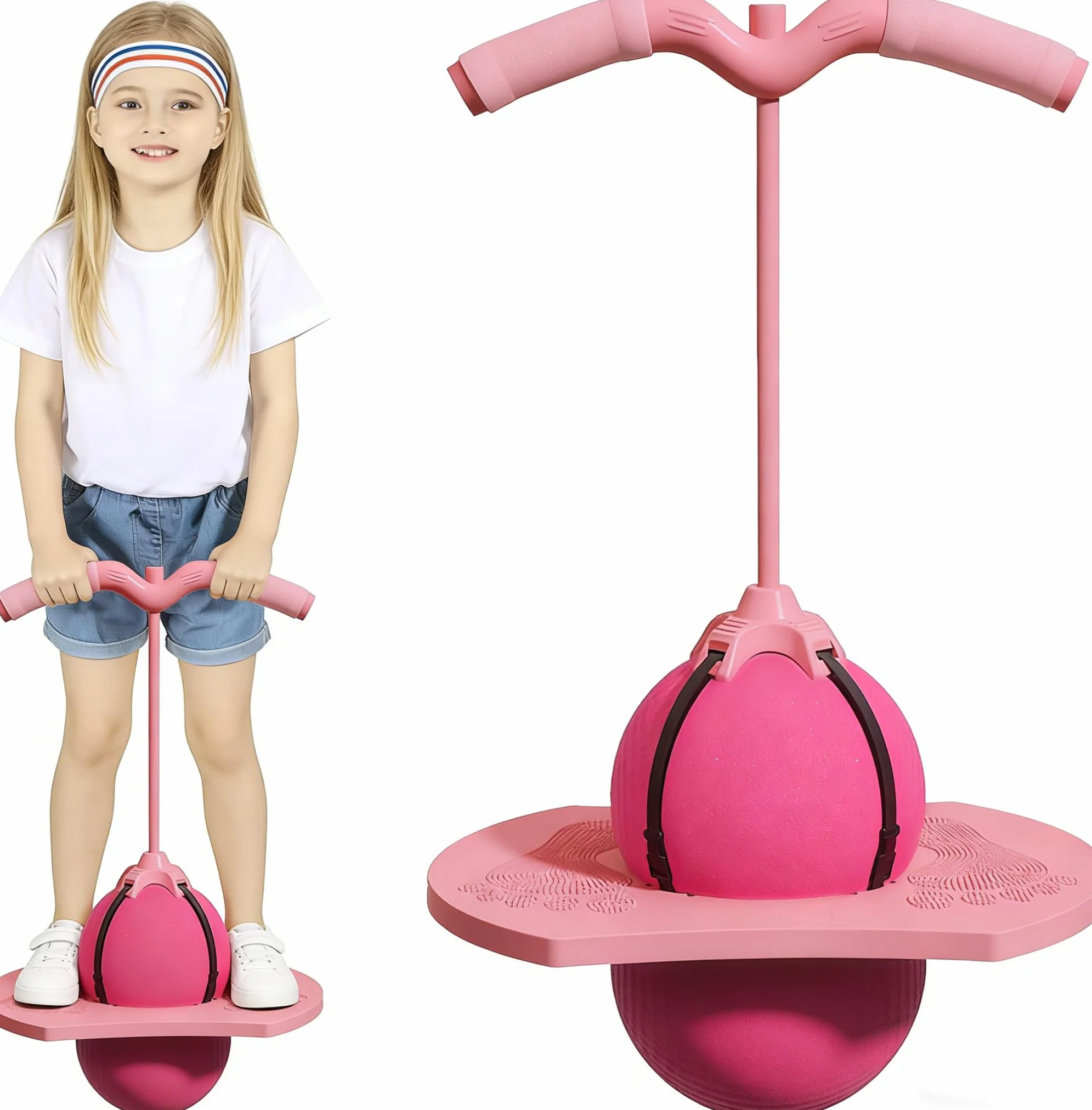 Pelota saltarina de equilibrio para niños con barra, juguete exterior rosa