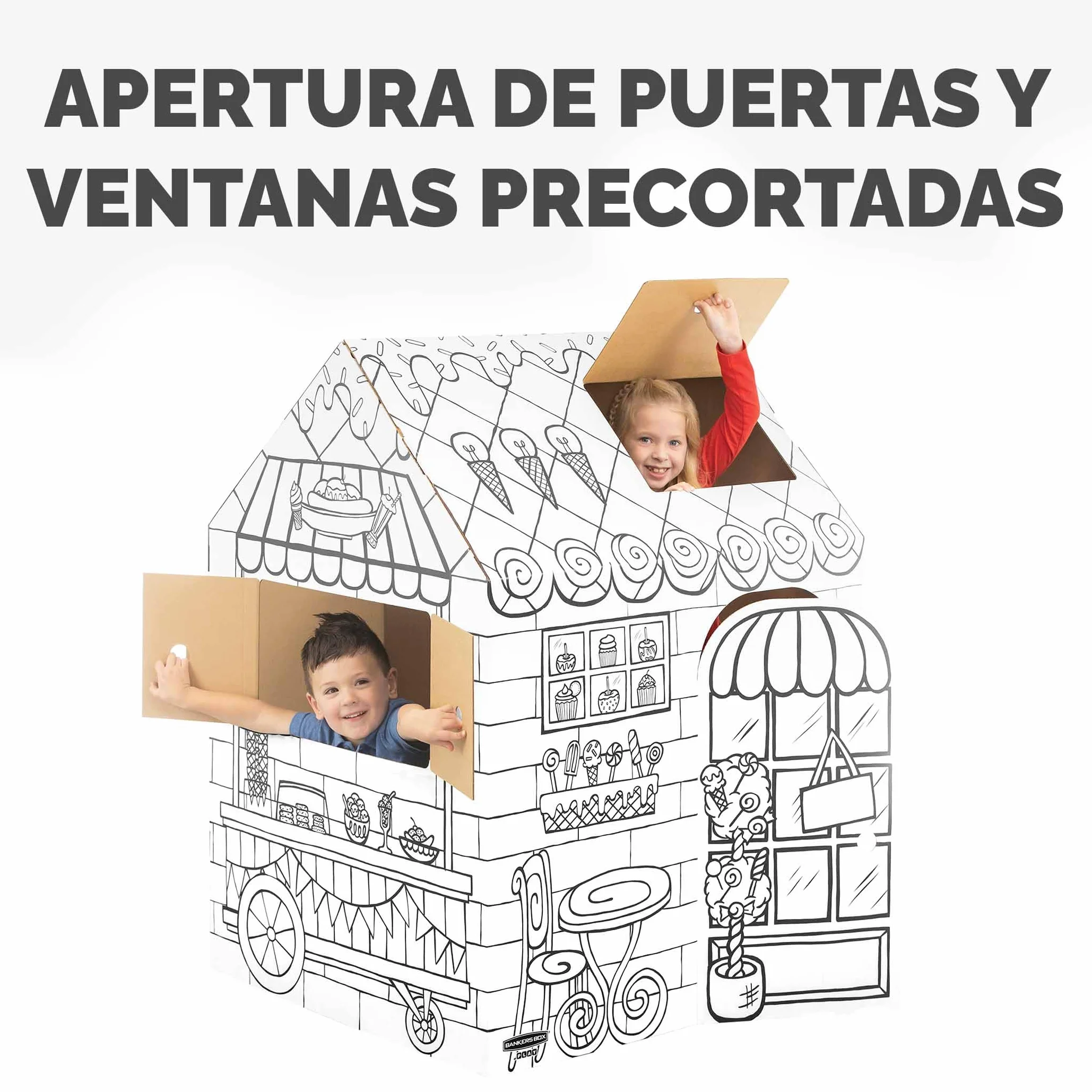 Bankers Box at Play Casa de cartón para niños Pastelería Diseño de cafetería Artesanal FSC reciclable Juguete Creativo Interior XL 81.3 x 81.3 x 121.3 cm