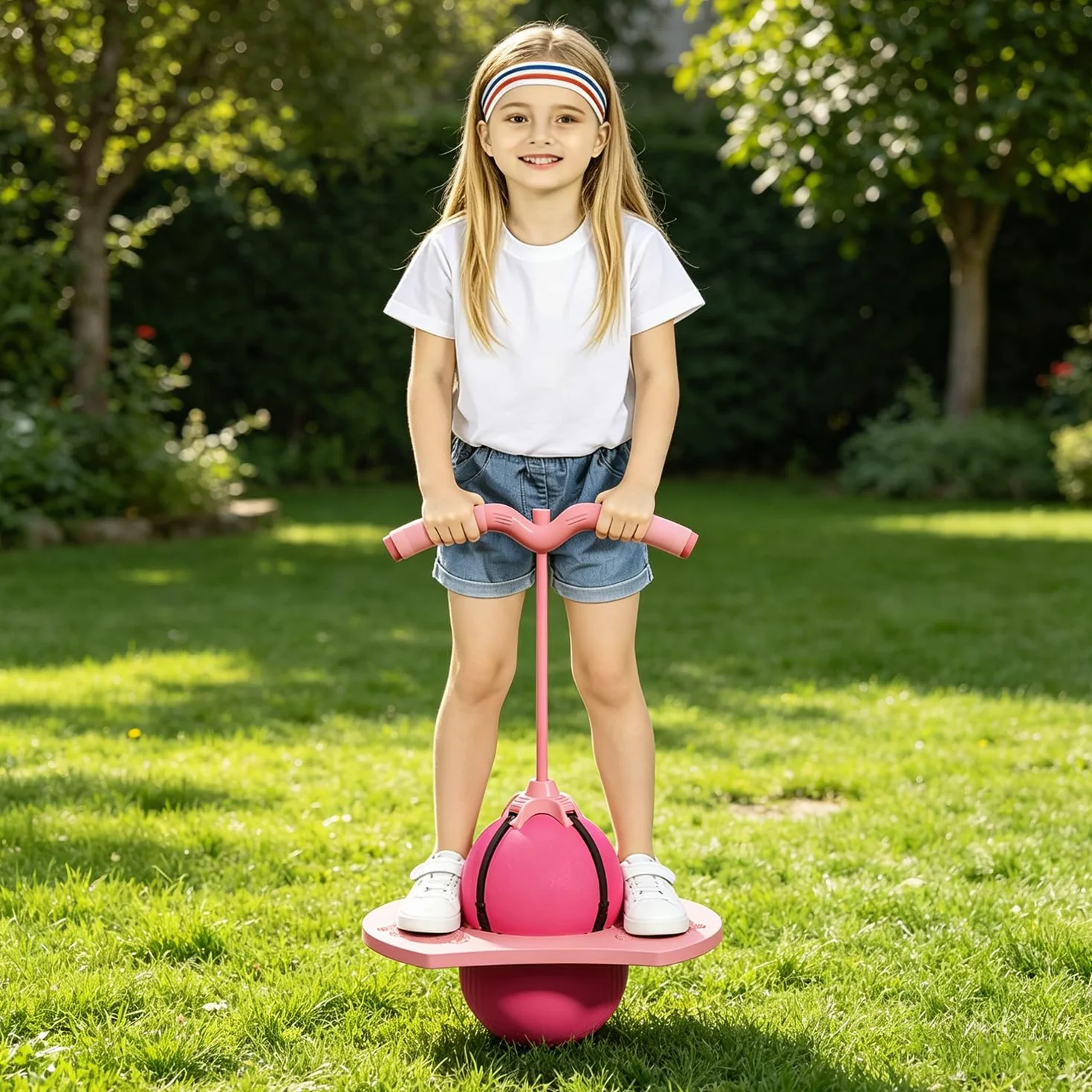 Pelota saltarina de equilibrio para niños con barra, juguete exterior rosa