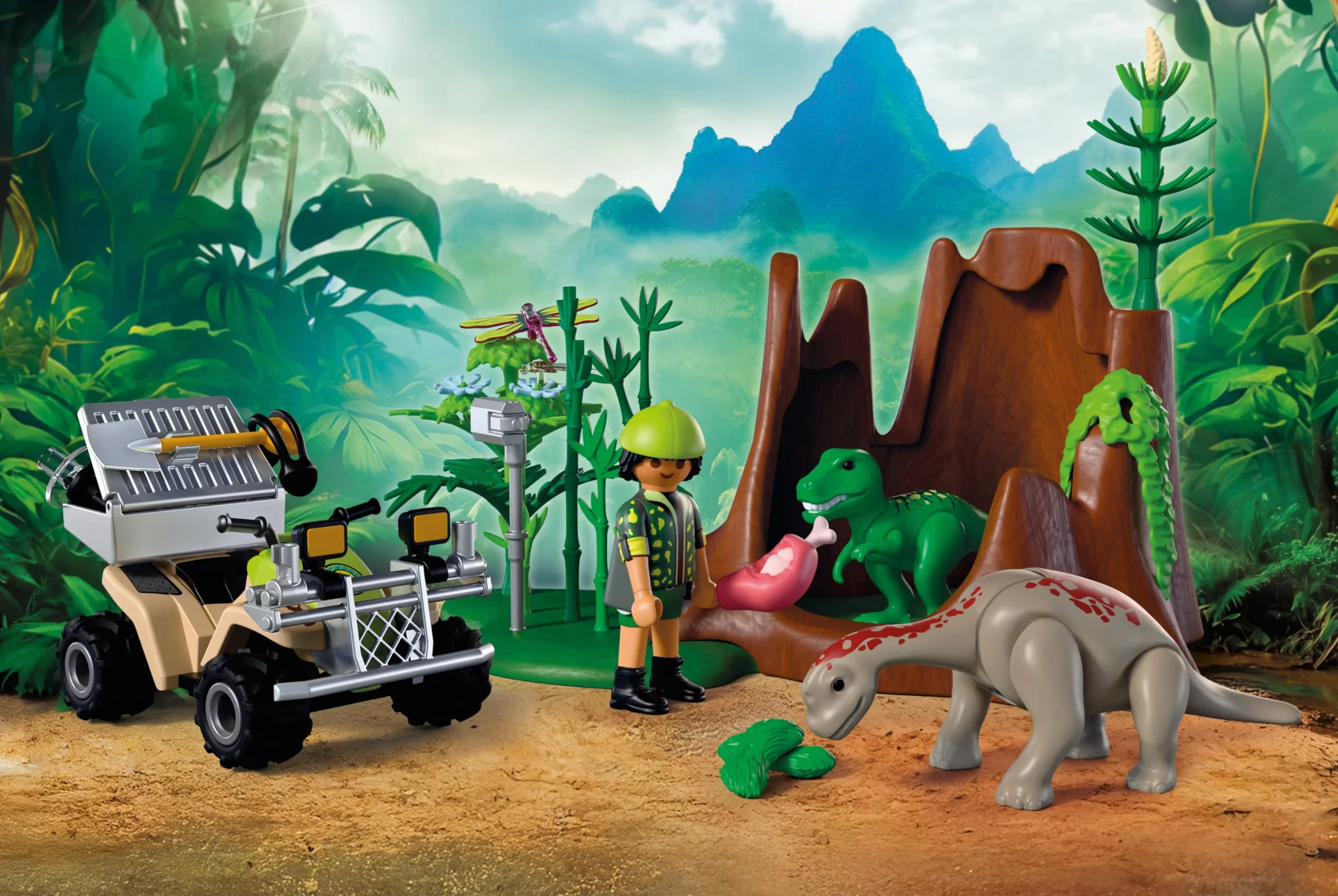 PLAYMOBIL Dinos Escondite de Dinosaurios con Quad, cría de T-Rex y Braquiosaurio | Juguete niños 4+ años | 72069
